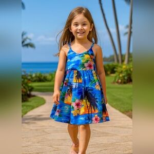 Vibrant Floral Kids Dress in Blue and Yellow